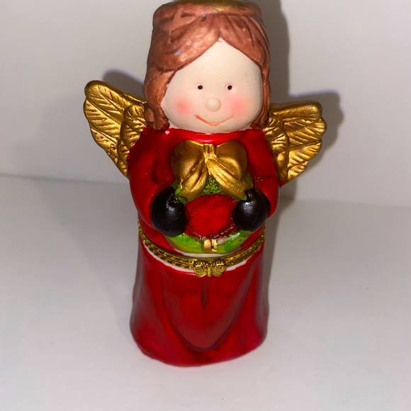 Vintage Red Porcelain metal gold hinged golden winged “Angel Trinket Box” - Picture 3 of 6